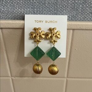 Tory Burch Gold and Green Dangle Logo Earrings